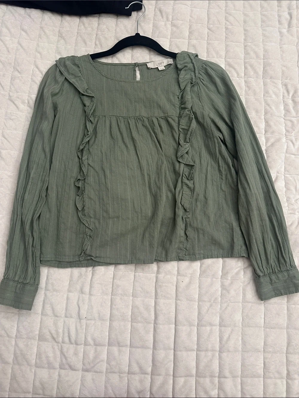 LOFT Ruffle Cropped Yoke Long-Sleeve Blouse in Sage Green SP